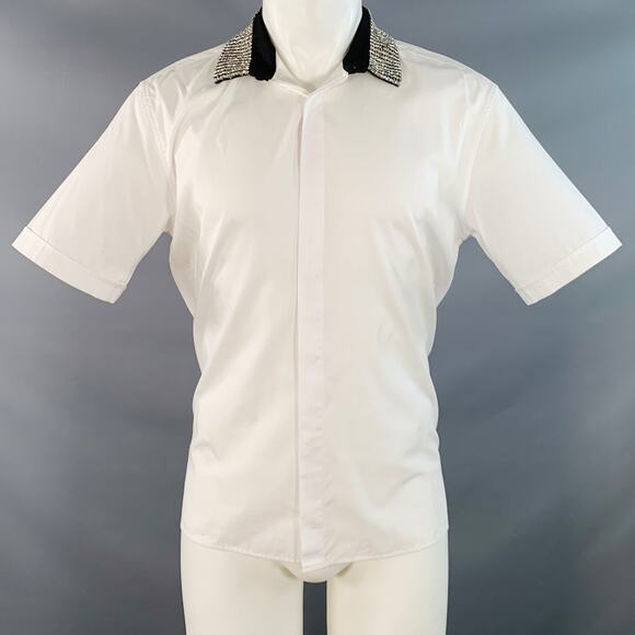 S White Beaded Cotton Crystals Hidden Placket Short Sleeve Shirt - Picture 1 of 8